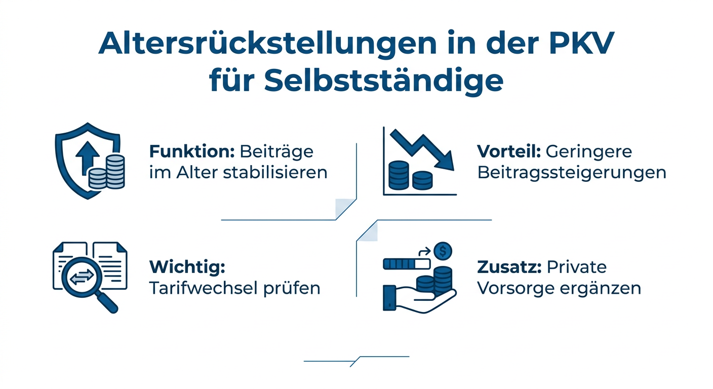 Altersrückstellungen: Finanzierung der PKV im Alter für Selbstständige Infografik zu Altersrückstellungen in der PKV für Selbstständige: Funktion, Vorteile, Wichtigkeit bei Tarifwechsel und Ergänzung durch private Vorsorge.