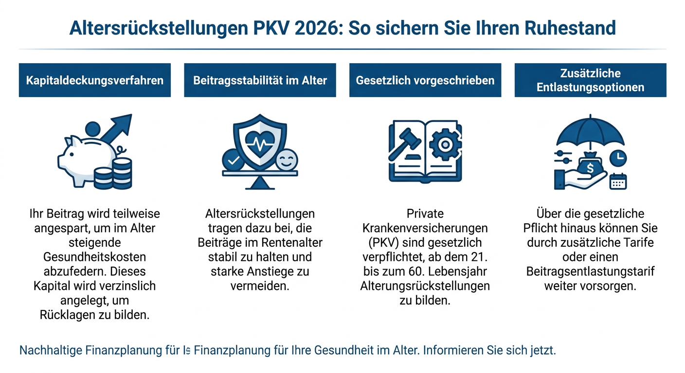 Infografik über Altersrückstellungen in der PKV 2026, die das Kapitaldeckungsverfahren, Beitragsstabilität, gesetzliche Vorgaben und Entlastungsoptionen zeigt.