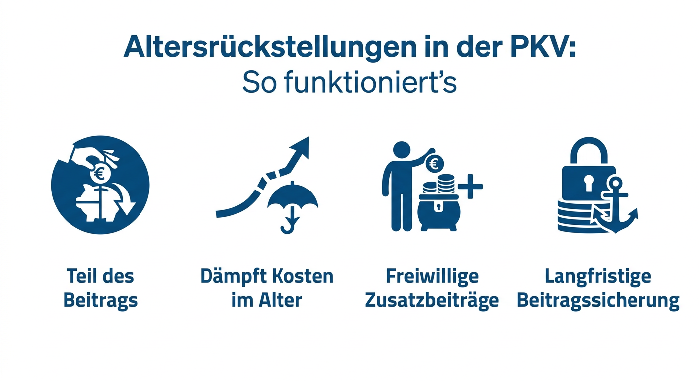 Infografik zum Thema Altersrückstellungen in der PKV für Selbstständige, erklärt Funktion und Vorteile für die langfristige Beitragsstabilität.