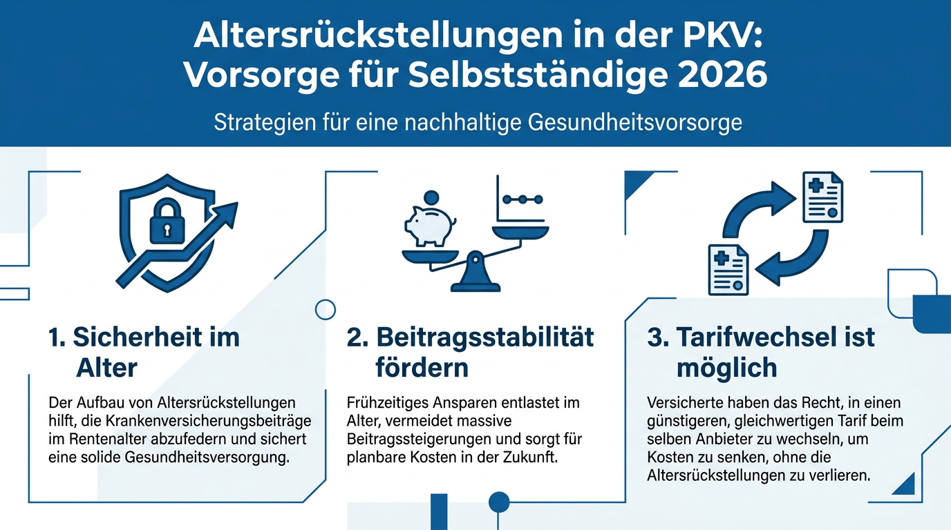 Infografik: Die Bedeutung von Altersrückstellungen in der PKV für Selbstständige 2026 zur Sicherung der Beitragsstabilität im Alter.