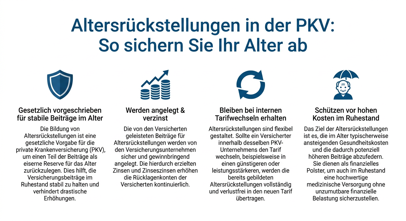 Altersrückstellungen PKV: Zukunft sichern 2026 Infografik über Altersrückstellungen in der PKV für Selbstständige, deren Funktion und Bedeutung für Altersvorsorge und Beitragserhaltung.