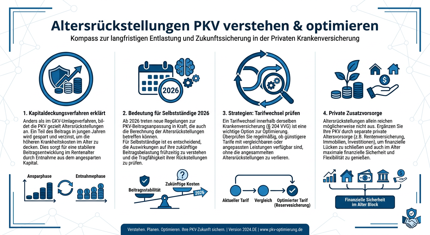 Altersrückstellungen in der PKV: Verstehen und optimieren Infografik zu Altersrückstellungen in der PKV, erklärt Kapitaldeckungsverfahren, Bedeutung für Selbstständige 2026, Tarifwechsel und private Zusatzvorsorge.