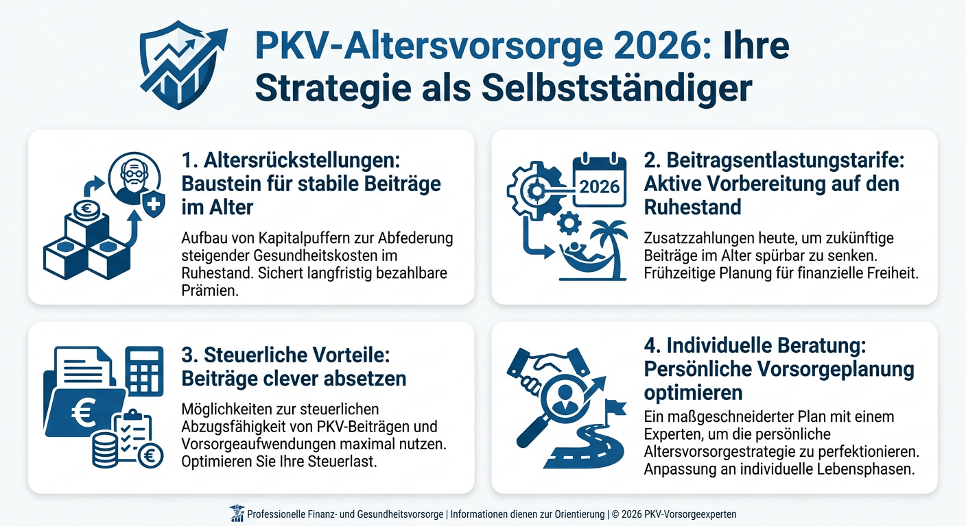 Infografik zur PKV-Altersvorsorge 2026 für Selbstständige, die Altersrückstellungen, Beitragsentlastungstarife, steuerliche Vorteile und individuelle Beratung als Säulen der Strategie darstellt.