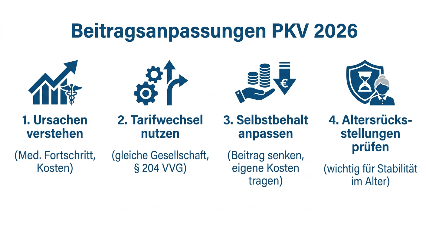 Beitragsanpassungen PKV 2026: Strategien für Selbstständige Infografik zu Strategien bei PKV-Beitragsanpassungen 2026 für Selbstständige, thematisiert Ursachen, Tarifwechsel, Selbstbehalt und Altersrückstellungen.