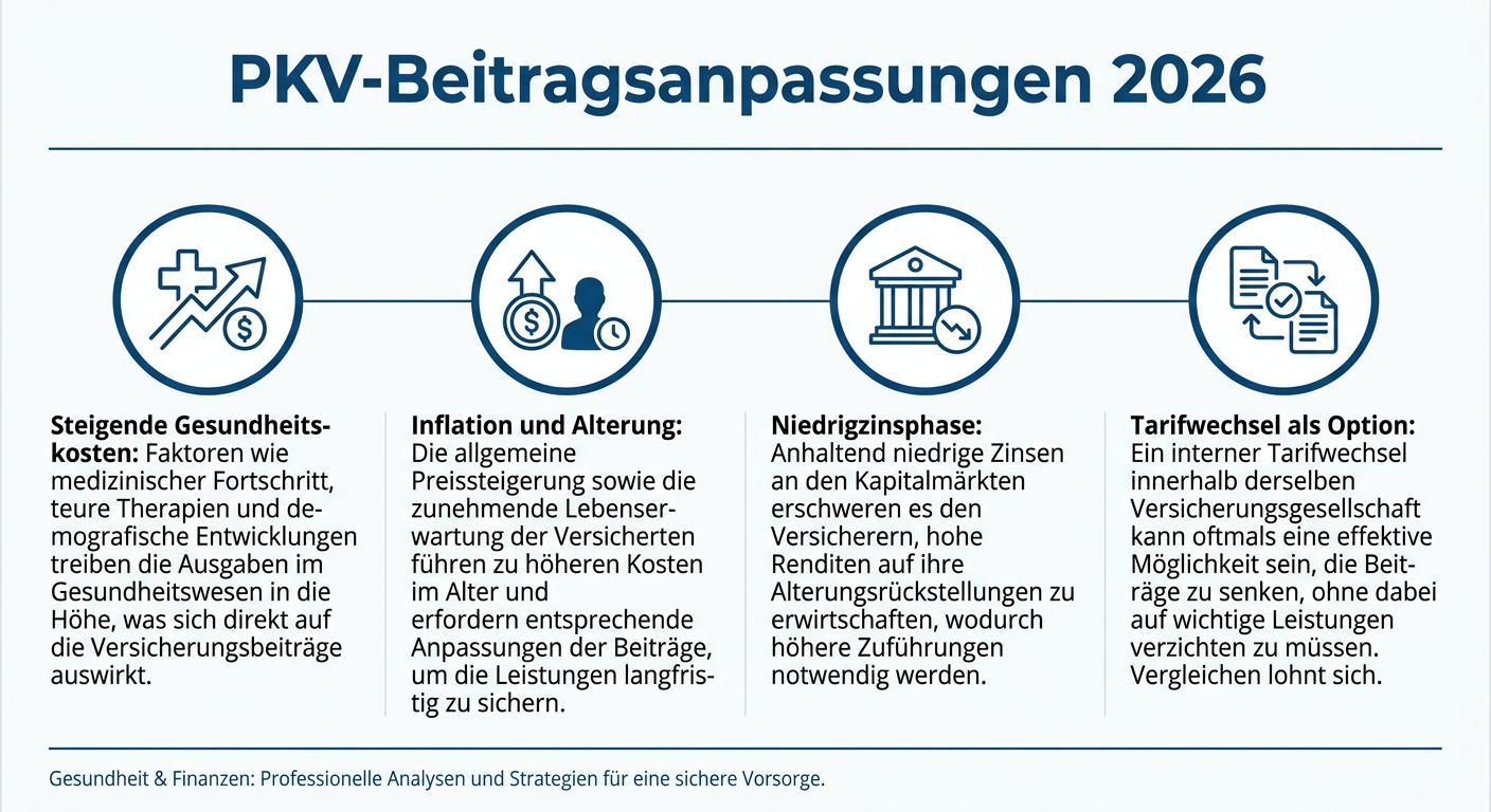 Beitragsanpassungen in der PKV 2026: Ursachen und Einfluss Infografik zu PKV-Beitragsanpassungen 2026 und den Ursachen sowie einer Handlungsoption.