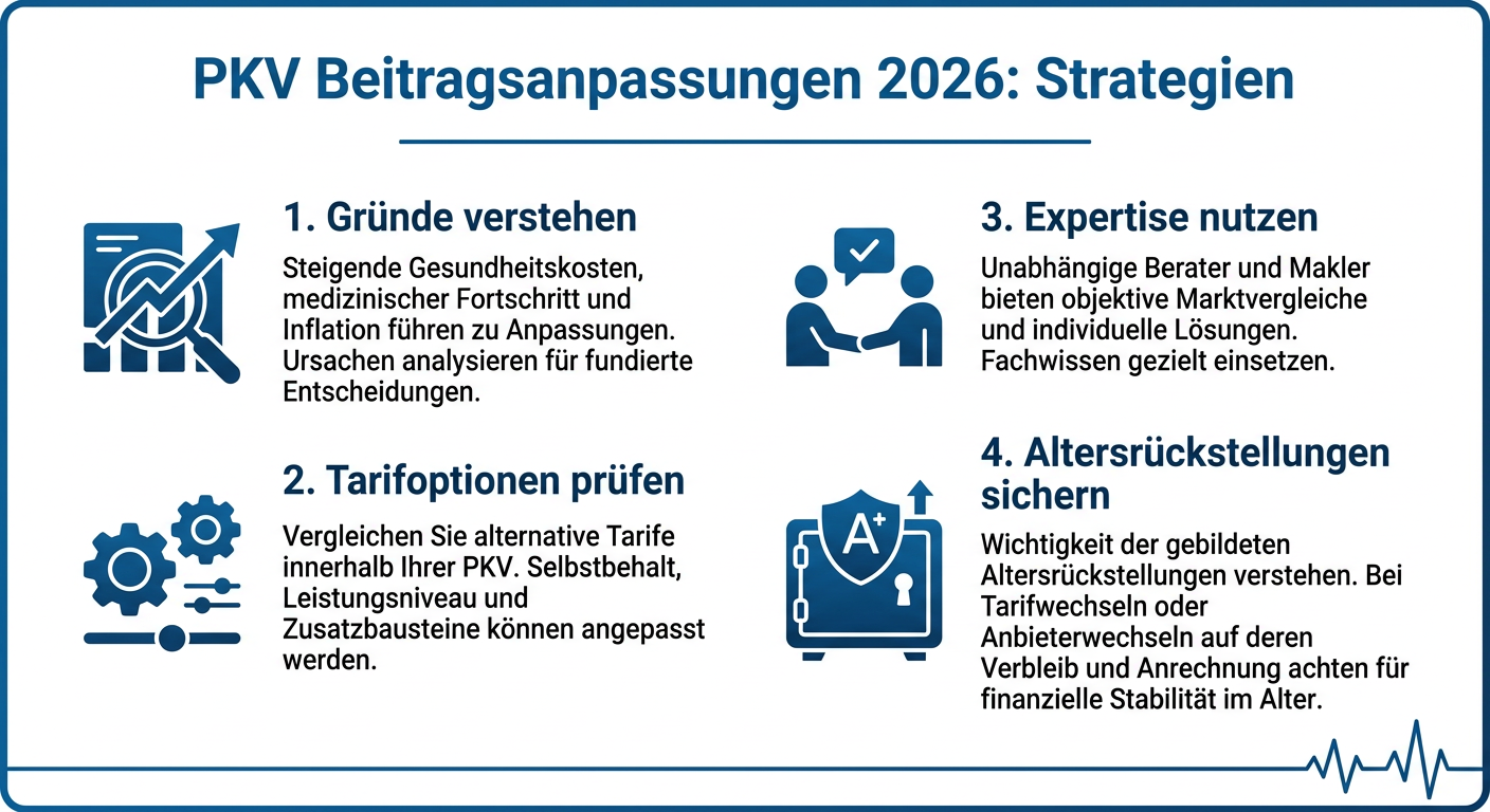 Infografik zu Strategien für PKV-Beitragsanpassungen 2026, zeigt vier Pfeiler: Gründe verstehen, Tarifoptionen prüfen, Expertise nutzen und Altersrückstellungen sichern.