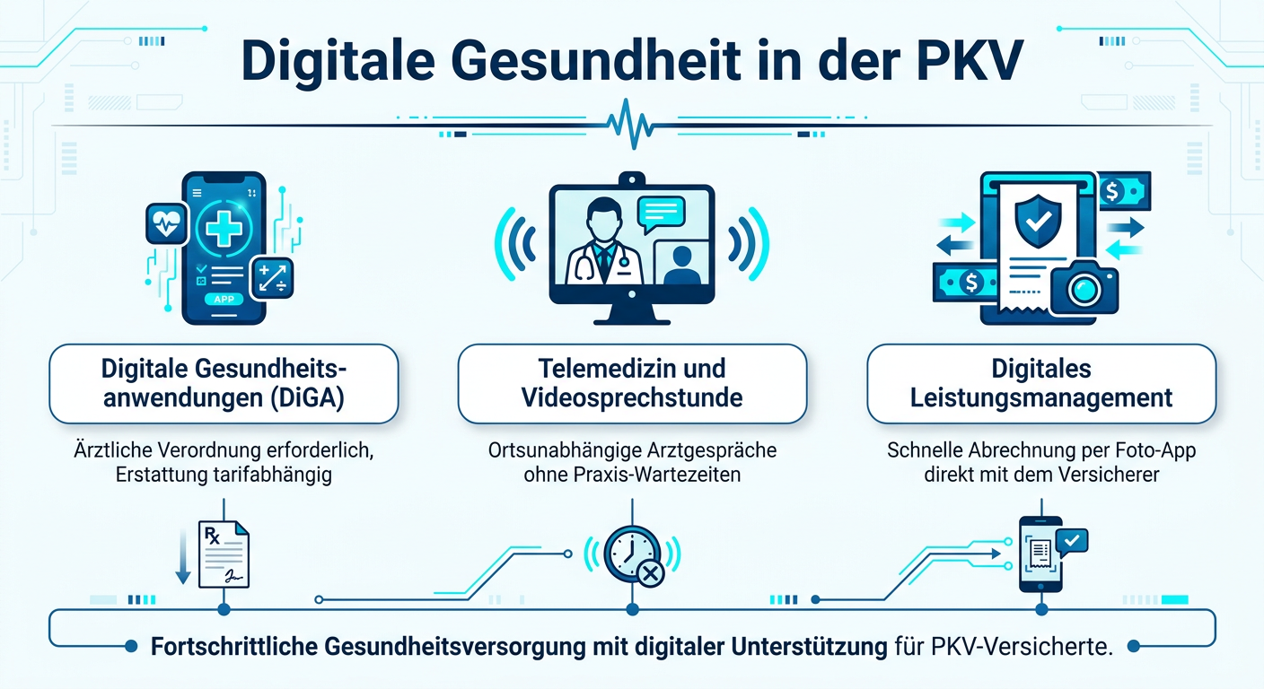 Infografik zu digitalen Gesundheitsleistungen und DiGA-Erstattung in der PKV.