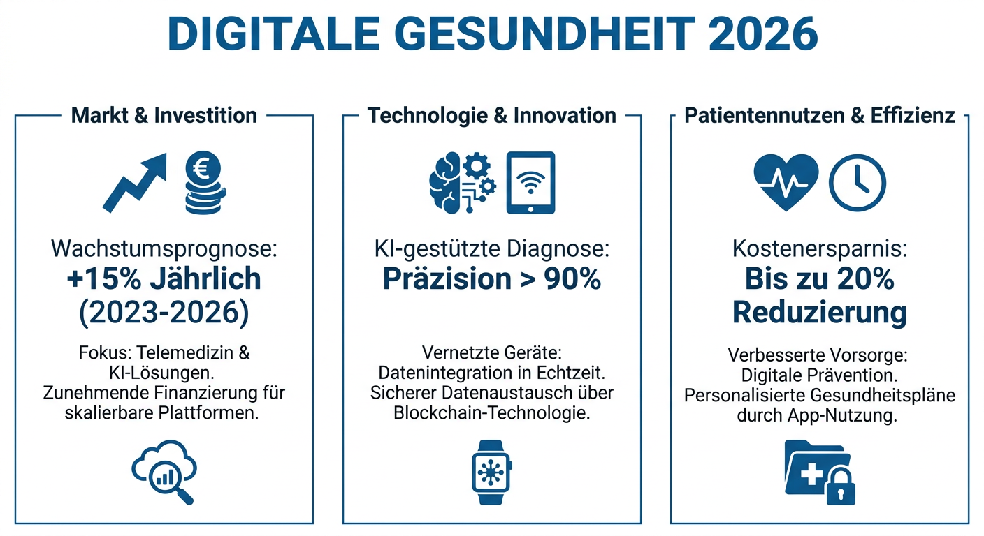 Digitale Gesundheit 2026: PKV-Chancen für Selbstständige Infografik zur digitalen Gesundheit 2026, die Chancen der PKV für Selbstständige aufzeigt und wichtige Aspekte wie E-Rezept und Telemedizin hervorhebt.