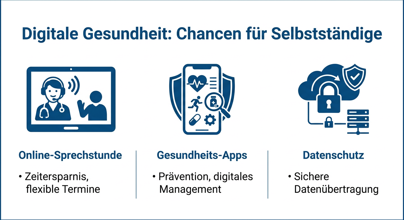 Digitale Gesundheit & Telemedizin: PKV-Chancen für Selbstständige Infografik zeigt Chancen der digitalen Gesundheit für Selbstständige: Online-Sprechstunde, Gesundheits-Apps, Datenschutz mit Zeitersparnis, Prävention und sicherer Datenübertragung.