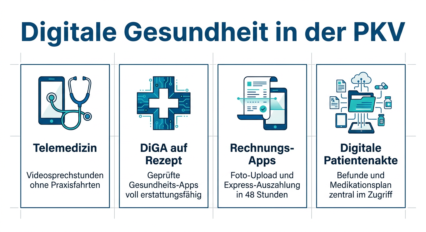 Infografik zu digitalen Gesundheitsleistungen, Telemedizin und DiGA-Erstattungen in der PKV für Selbstständige.