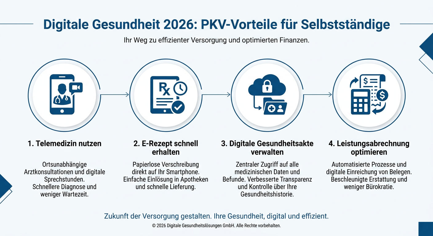 Digitalisierung im Gesundheitswesen: Chancen für PKV-Kunden 2026 Infografik über digitale Gesundheit 2026, die PKV-Vorteile für Selbstständige zeigt: Telemedizin, E-Rezept, Digitale Gesundheitsakte, Optimierte Leistungsabrechnung.