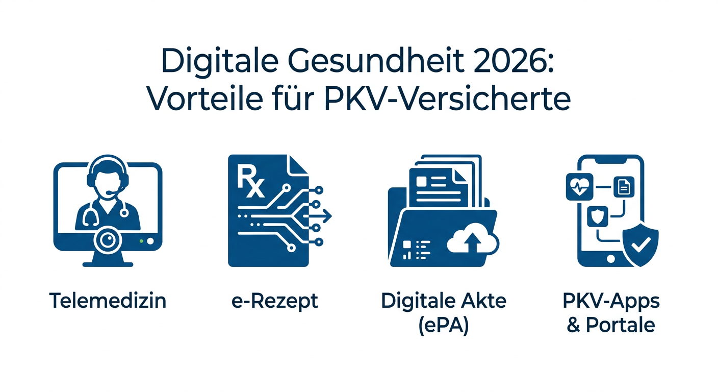 Digitalisierung im Gesundheitswesen: PKV-Chancen für 2026 Infografik zu den digitalen Gesundheitsvorteilen für PKV-Versicherte 2026, darunter Telemedizin, e-Rezept, digitale Gesundheitsakte (ePA) und PKV-Apps.
