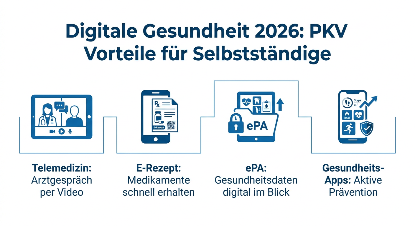 Digitalisierung im Gesundheitswesen: PKV-Chancen für 2026 Infografik zu Digitalisierung im Gesundheitswesen 2026 mit PKV-Vorteilen für Selbstständige: Telemedizin, E-Rezept, ePA und Gesundheits-Apps.