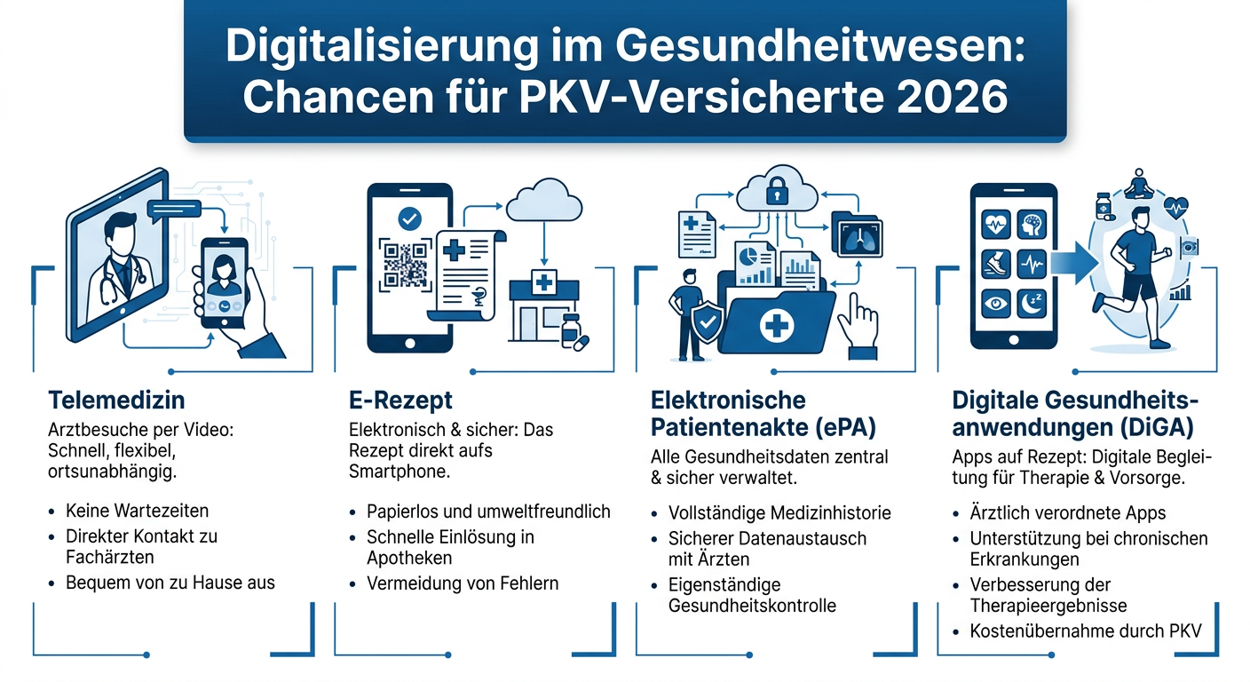 Digitalisierung im Gesundheitswesen: Chancen für PKV-Versicherte Infografik: Digitalisierung im Gesundheitswesen, dargestellt mit Icons für Telemedizin, E-Rezept, ePA und DiGA.