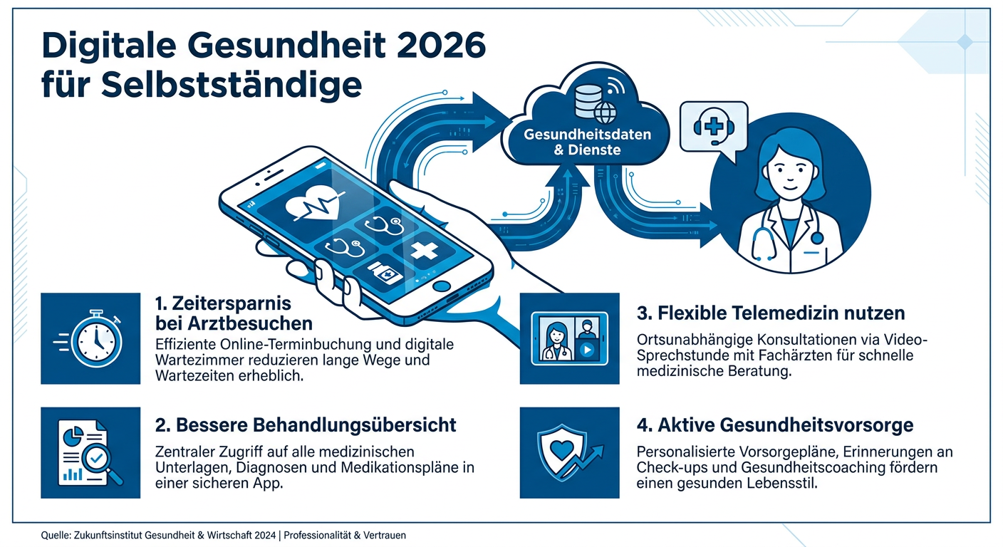 Digitalisierung & Gesundheitsakte: Chancen für PKV-Kunden Infografik zu digitaler Gesundheit 2026 für Selbstständige. Zeigt Smartphone mit medizinischen Icons und Vorteilen wie Zeitersparnis, bessere Übersicht, Telemedizin und Gesundheitsvorsorge.