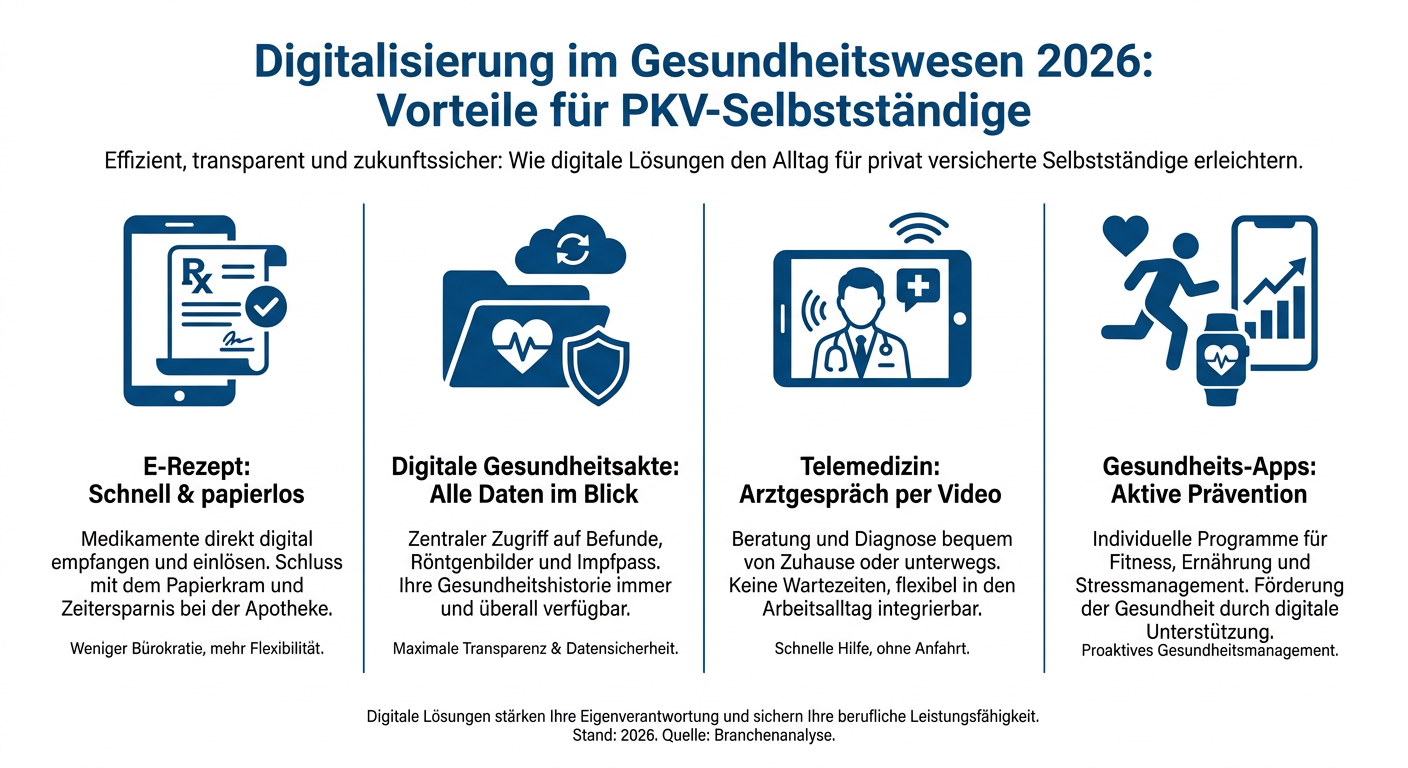 Digitalisierung im Gesundheitswesen: PKV Chancen 2026 Infografik: Vorteile der Digitalisierung im Gesundheitswesen 2026 für PKV-Selbstständige. Zeigt E-Rezept, digitale Gesundheitsakte, Telemedizin und Gesundheits-Apps.
