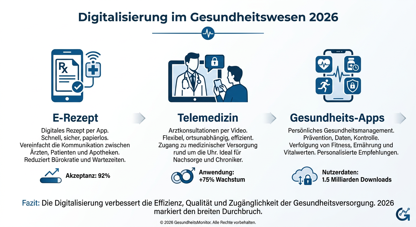 Digitalisierung im Gesundheitswesen: PKV-Chancen 2026 Infografik: Drei Aspekte der Digitalisierung im Gesundheitswesen 2026, die für PKV-Versicherte relevant sind: E-Rezept, Telemedizin und Gesundheits-Apps.