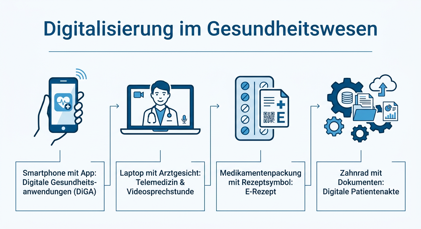 Infografik: Digitalisierung im Gesundheitswesen mit Symbolen für DiGA, Telemedizin, E-Rezept und digitale Patientenakte.
