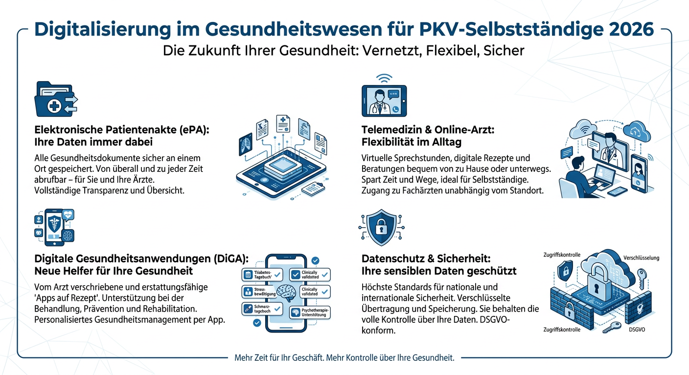 Infografik zur Digitalisierung im Gesundheitswesen für PKV-Selbstständige 2026, zeigt ePA, Telemedizin, DiGA und Datenschutz.
