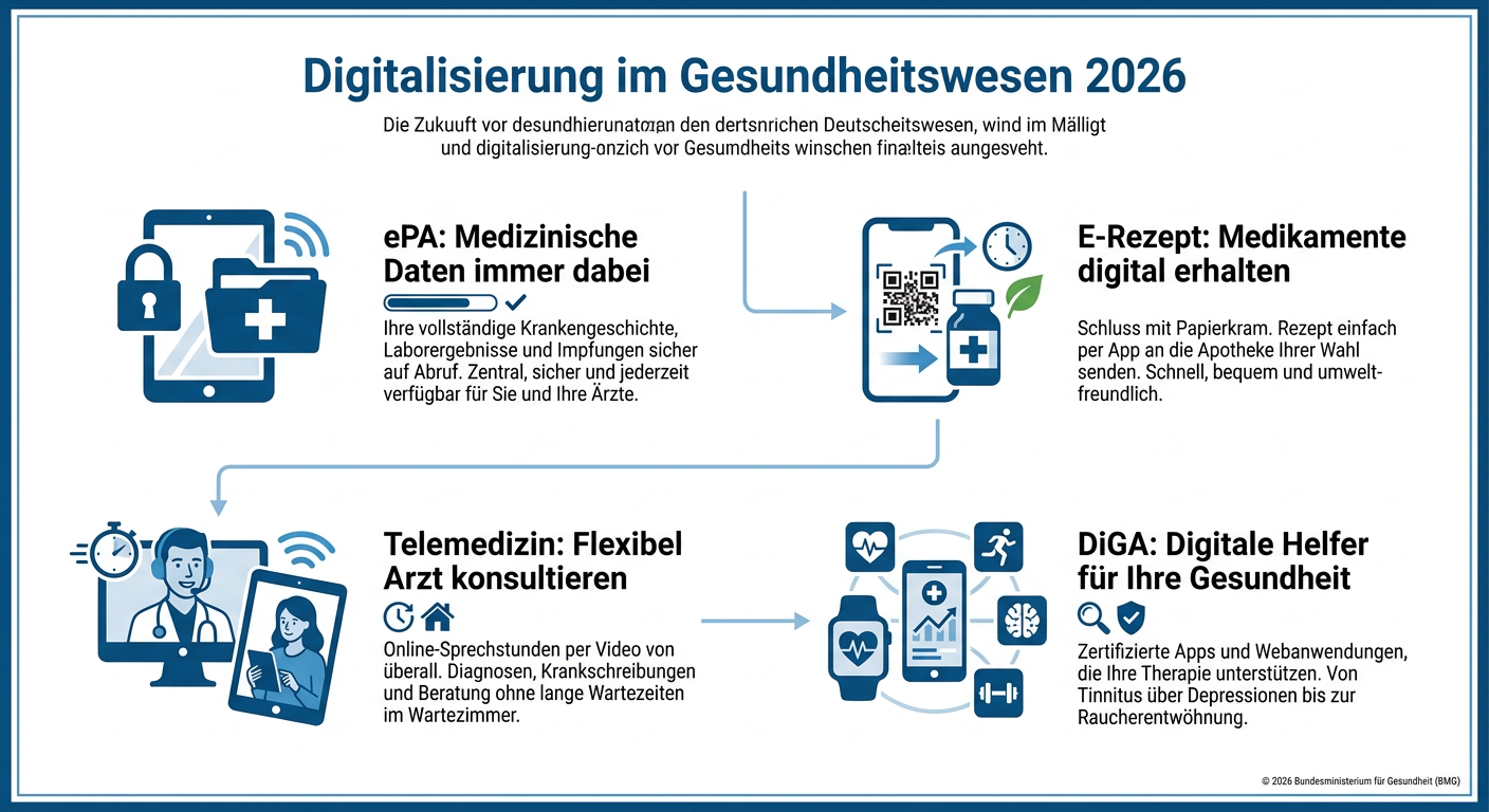 Digitalisierung im Gesundheitswesen: PKV & Selbstständige 2026 Infografik zeigt die Vorteile der Digitalisierung im Gesundheitswesen 2026 für PKV-Selbstständige, darunter ePA, E-Rezept, Telemedizin und digitale Gesundheitsanwendungen.