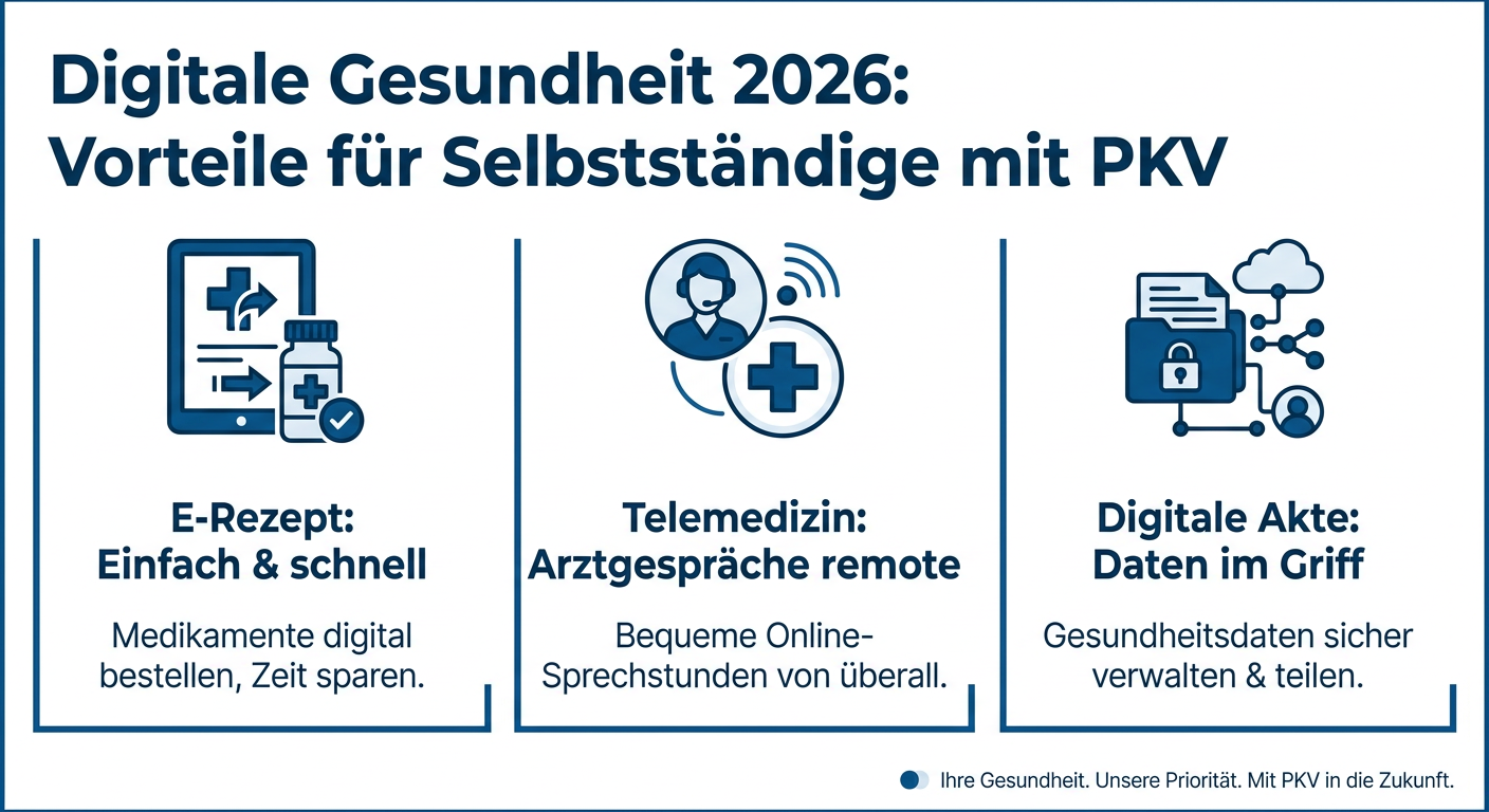 Infografik: Vorteile der Digitalisierung im Gesundheitswesen für PKV-Selbstständige 2026, inkl. E-Rezept, Telemedizin und digitaler Patientenakte.