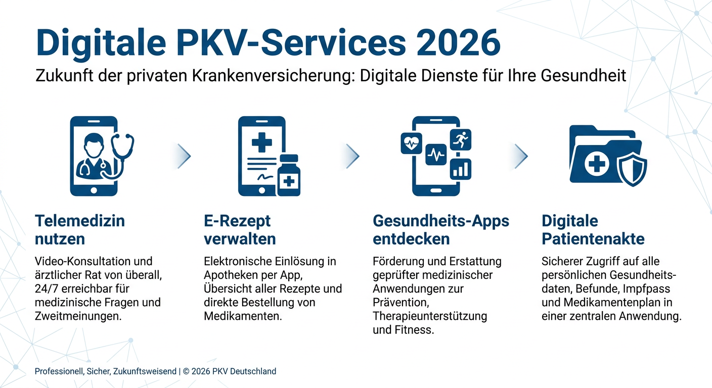 Infografik zeigt vier digitale PKV-Services: Telemedizin, E-Rezept, Gesundheits-Apps und digitale Patientenakte.