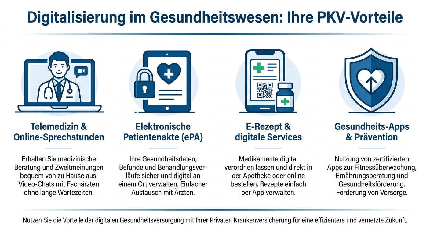 Digitalisierung im Gesundheitswesen: Chancen für PKV-Kunden Infografik: Vorteile der Digitalisierung im Gesundheitswesen für PKV-Kunden, wie Telemedizin, ePA, E-Rezept und Gesundheits-Apps.
