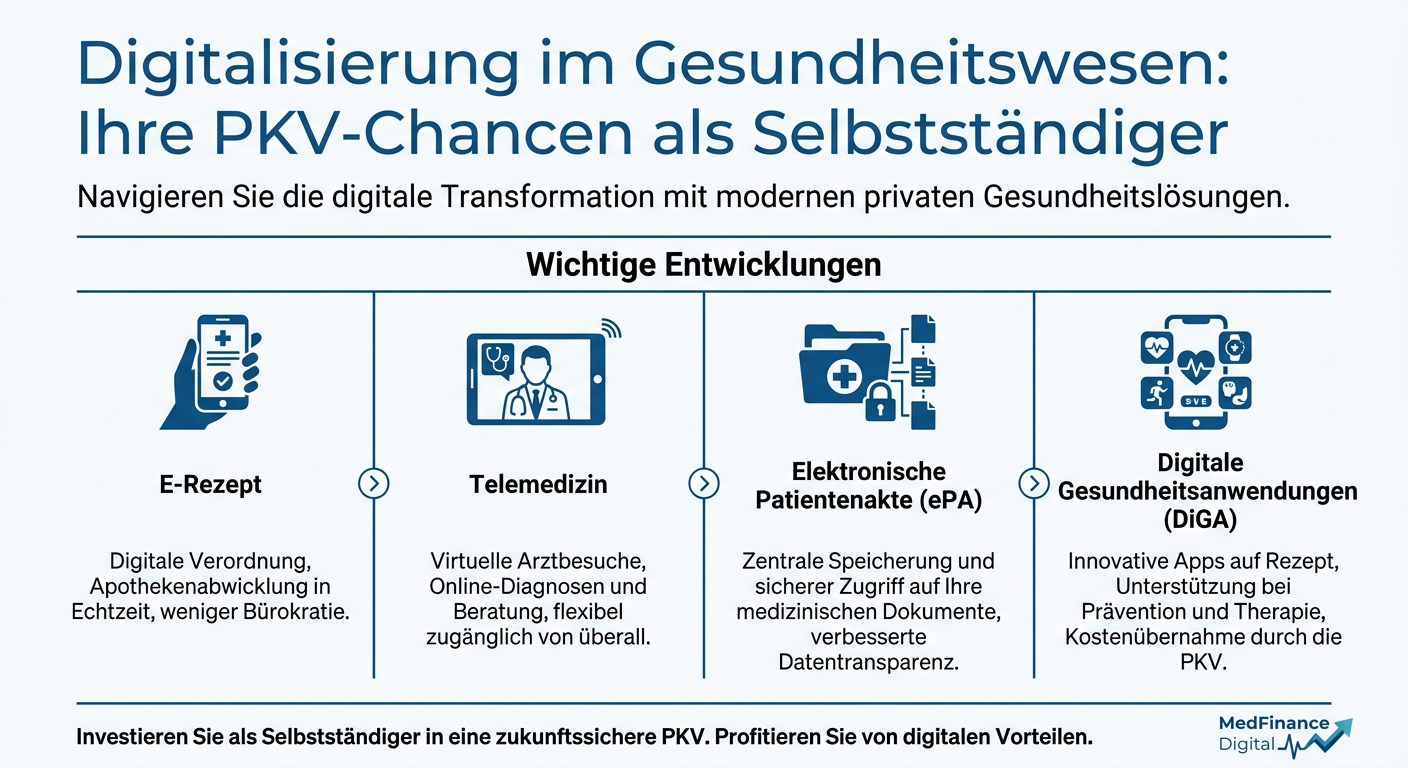 Infografik zeigt die wichtigsten digitalen Entwicklungen im Gesundheitswesen für PKV-Versicherte, darunter E-Rezept, Telemedizin und ePA.
