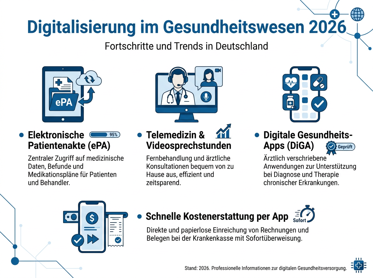 PKV und Digitalisierung 2026: Chancen für Selbstständige Infografik zur Digitalisierung im Gesundheitswesen 2026, zeigt Konzepte wie ePA, Telemedizin, DiGA und schnelle Kostenerstattung.