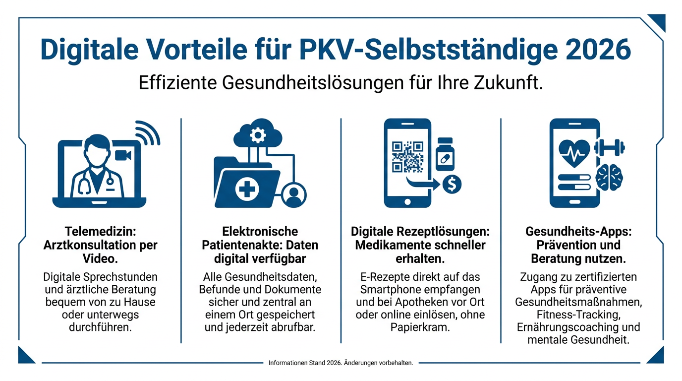 Infografik zu digitalen Vorteilen der PKV für Selbstständige 2026. Zeigt Symbole für Telemedizin, ePA, digitale Rezepte und Gesundheits-Apps.