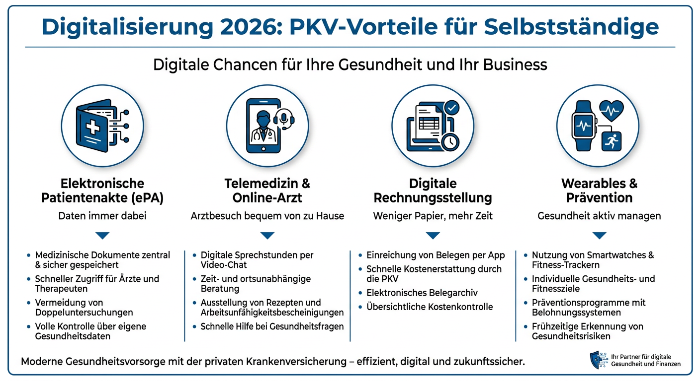 Digitalisierung 2026: PKV-Chancen für Selbstständige Infografik zur Digitalisierung der PKV 2026 mit Vorteilen wie ePA, Telemedizin, digitaler Rechnungsstellung und Wearables.