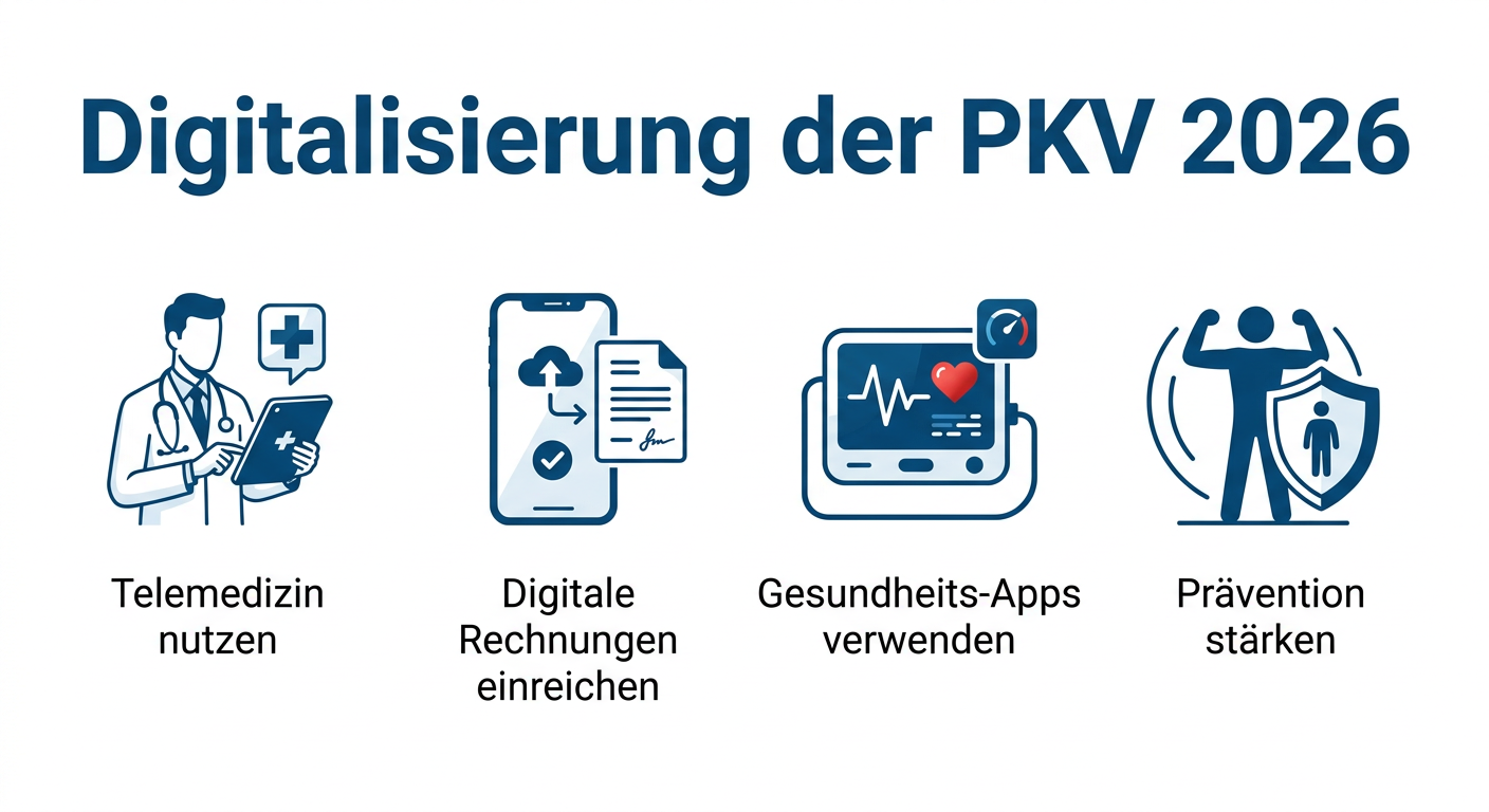 Digitalisierung & PKV 2026: Neue Chancen für Selbstständige Infografik zur Digitalisierung der PKV 2026 mit Telemedizin, digitaler Rechnungsstellung, Gesundheits-Apps und Prävention.