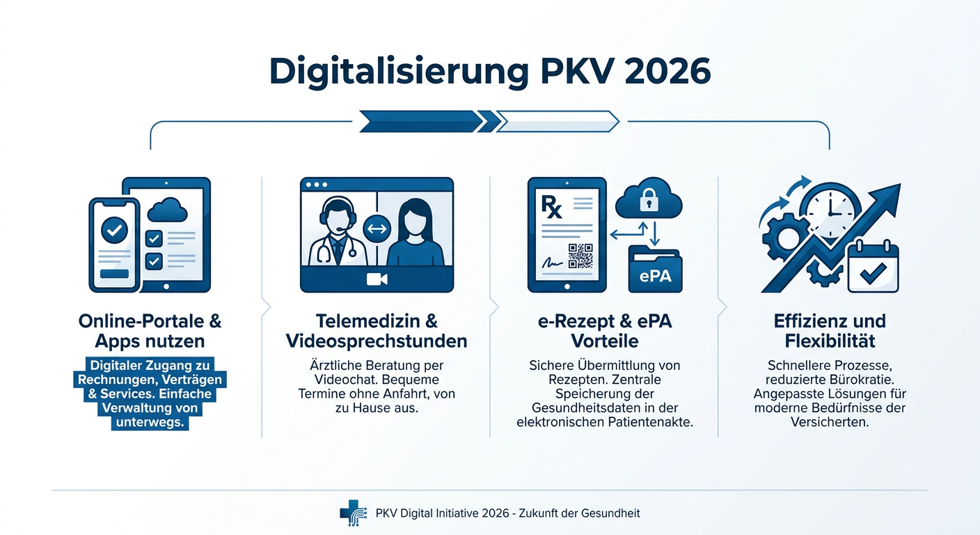 Infografik zur Digitalisierung der PKV 2026, die Chancen für Selbstständige wie Online-Portale, Telemedizin, e-Rezept und die damit verbundene Effizienz darstellt.