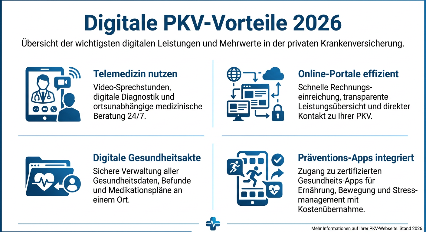 Digitalisierung der PKV 2026: Vorteile für Selbstständige Infografik zur Digitalisierung der PKV für Selbstständige 2026. Zeigt Vorteile wie Telemedizin, Online-Portale und Gesundheits-Apps.