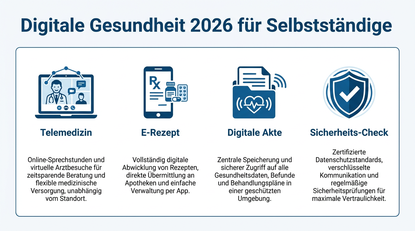 Digitalisierung in der PKV 2026: Telemedizin, E-Rezept & Co. Infografik zur Digitalisierung im Gesundheitswesen 2026 für Selbstständige, zeigt Telemedizin, E-Rezept, digitale Gesundheitsakte und Sicherheits-Check.