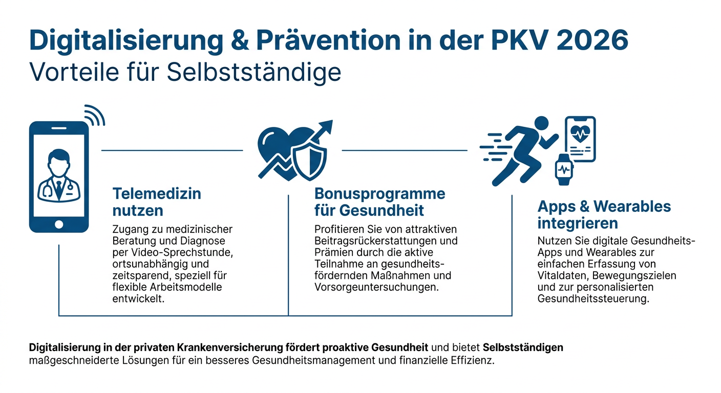 Digitalisierung & Prävention: Ihr PKV-Vorteil 2026 nutzen Infografik: Digitalisierung und Prävention in der PKV 2026. Vorteile für Selbstständige durch Telemedizin, Bonusprogramme und Gesundheits-Apps.