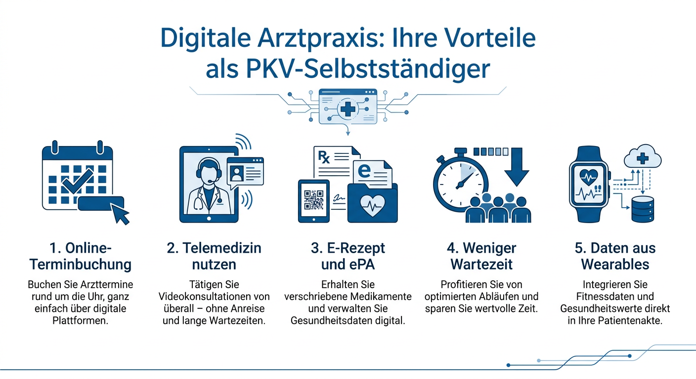 Infografik: Digitale Arztpraxis Vorteile für PKV-Selbstständige. Fünf Stichpunkte: Online-Terminbuchung, Telemedizin, E-Rezept/ePA, kürzere Wartezeiten, Nutzung von Wearable-Daten.