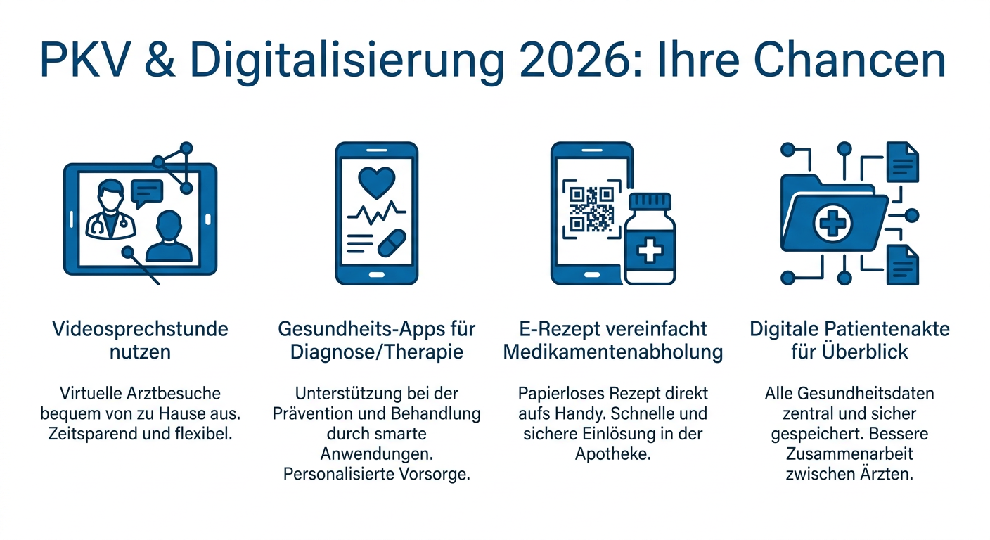 Digitalisierung & Telemedizin: PKV-Chancen für 2026 Infografik zu PKV und Digitalisierung 2026: Videosprechstunde, Gesundheits-Apps, E-Rezept, digitale Patientenakte.