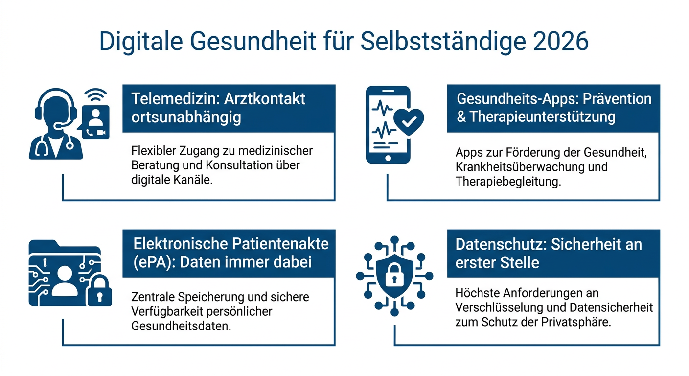 Infografik zu den Vorteilen der Digitalisierung und Telemedizin in der PKV für Selbstständige 2026, mit Stichpunkten zu Telemedizin, Gesundheits-Apps, ePA und Datenschutz.