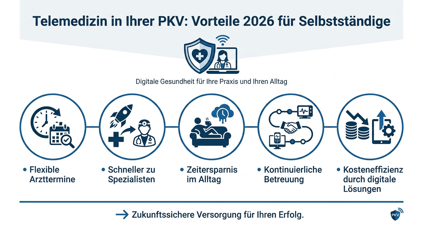 Telemedizin in der PKV: Neue Chancen für Selbstständige Infografik zu den Vorteilen der Telemedizin in der PKV für Selbstständige 2026. Listet flexible Arzttermine, schnellen Spezialistenzugang und Kosteneffizienz auf.