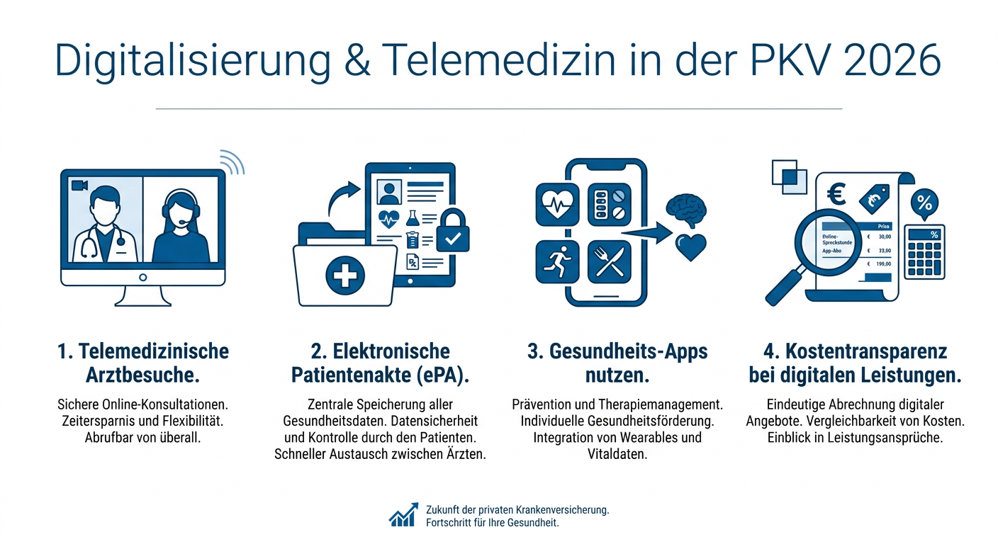 Digitalisierung & Telemedizin: PKV für Selbstständige 2026 Infografik zur Digitalisierung und Telemedizin in der PKV 2026 für Selbstständige, mit Schwerpunkten auf Telemedizin, ePA, Gesundheits-Apps und Kostentransparenz.