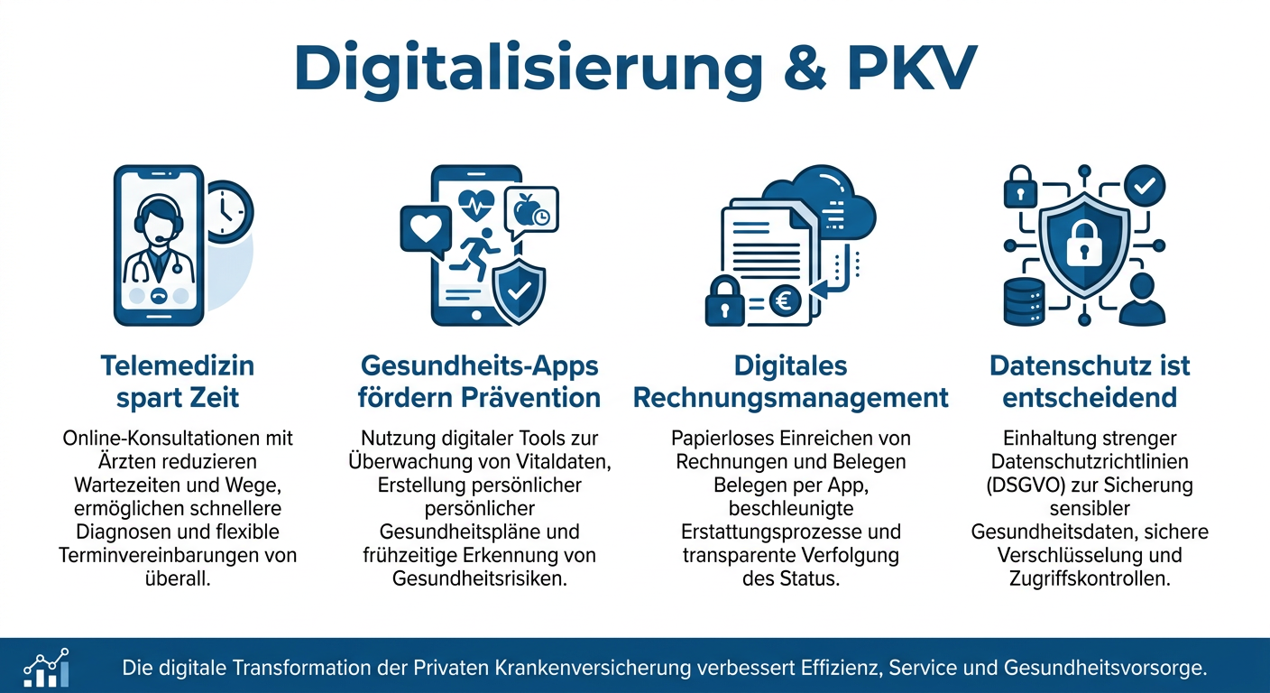 Digitalisierung & Telemedizin: PKV-Vorteile für Selbstständige Infografik: Digitalisierung und Telemedizin in der PKV für Selbstständige mit Vorteilen wie Zeitersparnis und Prävention.