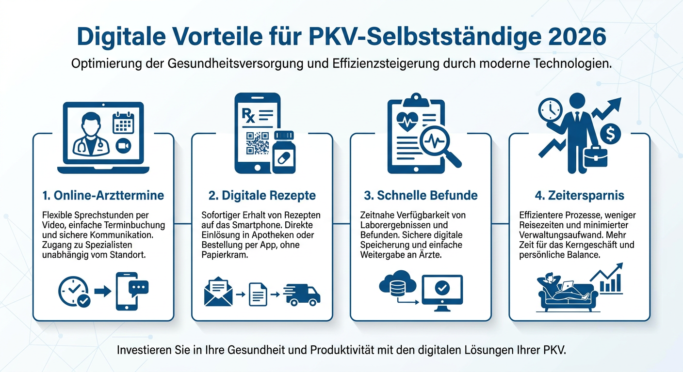 Digitalisierung & Telemedizin: PKV-Vorteile für Sie (2026) Infografik zeigt digitale Vorteile der PKV für Selbstständige 2026, darunter Online-Arzttermine und digitale Rezepte.