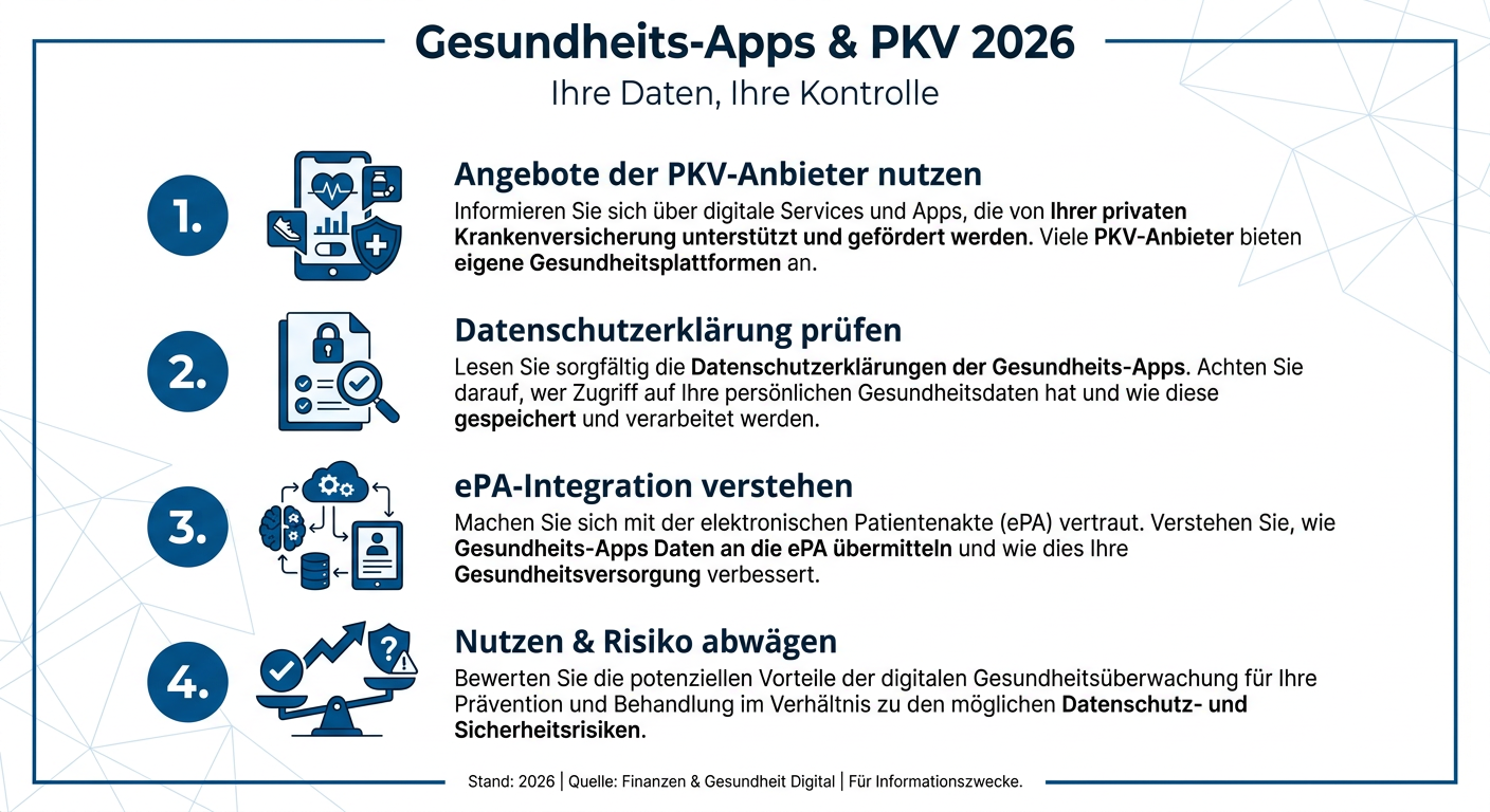 Gesundheits-Apps in der PKV 2026: Datenschutz und Nutzen Infografik zu Gesundheits-Apps und PKV 2026 mit Fokus auf Datenschutz und Nutzen. Listet Punkte wie Angebote nutzen, Datenschutzerklärung prüfen, ePA verstehen, Nutzen und Risiko abwägen.