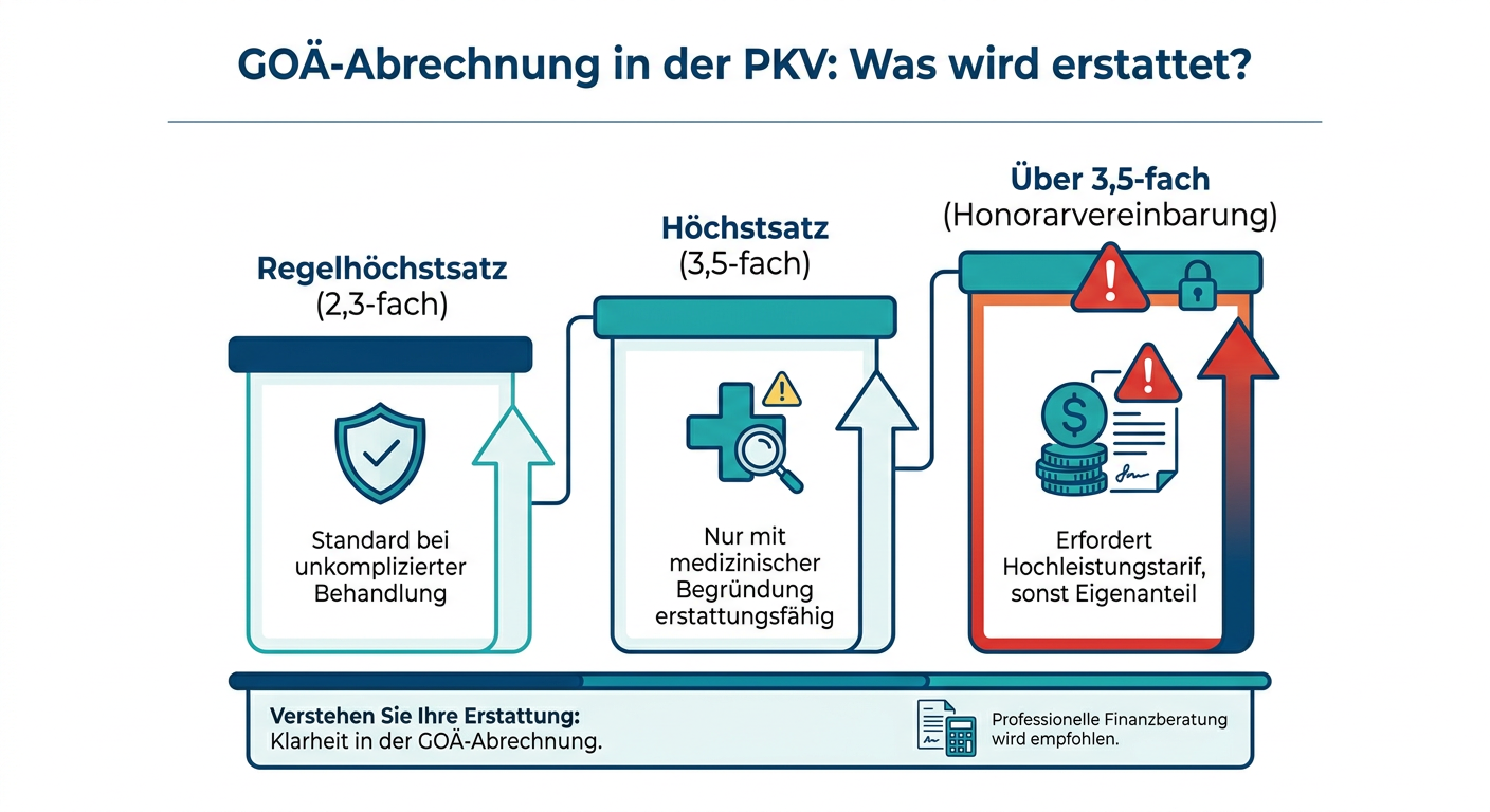 Infografik zur GOÄ-Abrechnung in der PKV: Regelsatz 2,3, Höchstsatz 3,5 und Honorarvereinbarungen über 3,5.