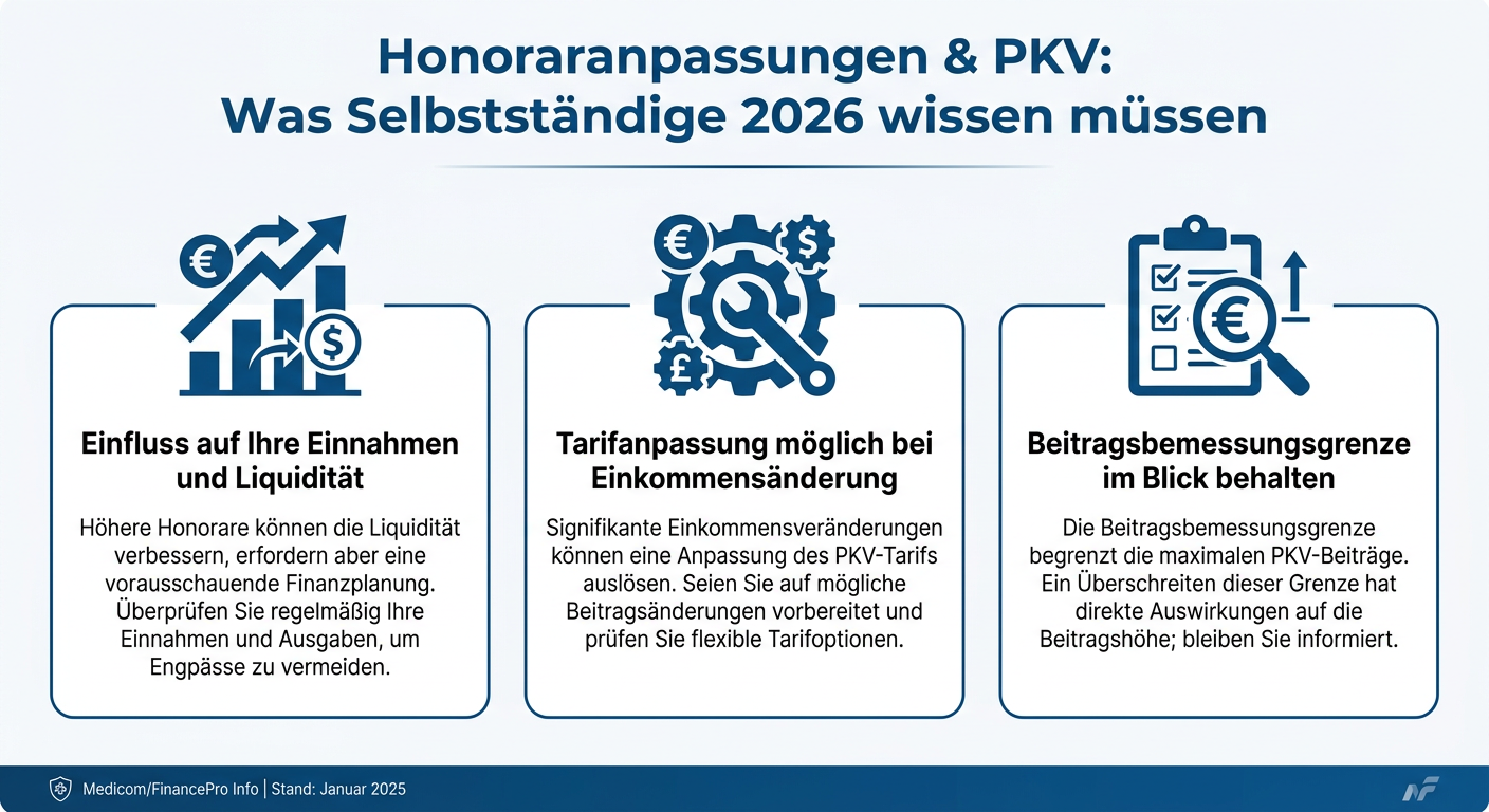 Honoraranpassungen & PKV: Was Selbstständige 2026 wissen müssen Infografik über den Einfluss von Honoraranpassungen auf die PKV für Selbstständige, inklusive Einkommenswirkung, Tarifanpassung und Beitragsbemessungsgrenze.
