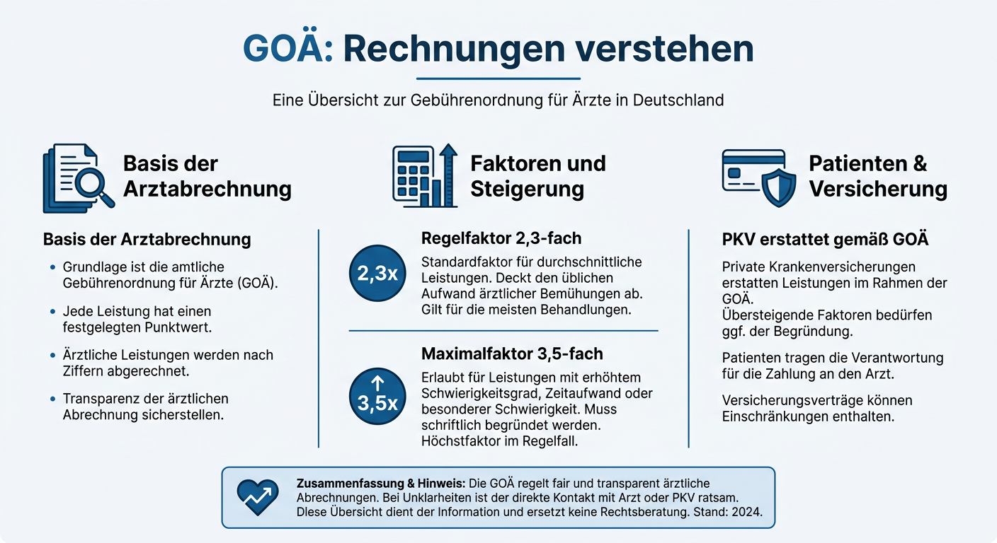 Honorarordnung für Ärzte: Auswirkungen auf PKV-Selbstständige Infografik: Die Gebührenordnung für Ärzte (GOÄ) erklärt deren Bedeutung für die PKV von Selbstständigen.
