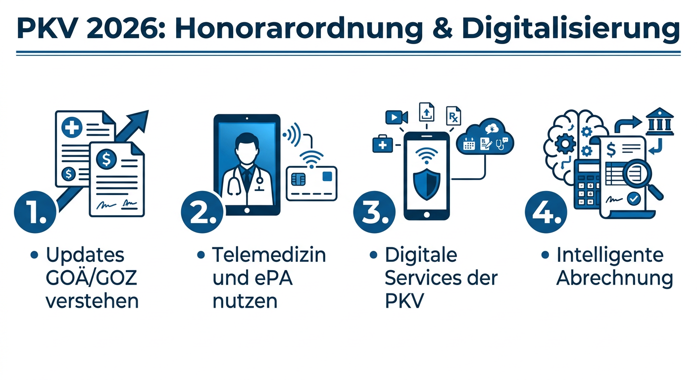 Infografik: PKV 2026 – Honorarordnung und Digitalisierung mit vier wichtigen Aspekten zur Kostenerstattung.