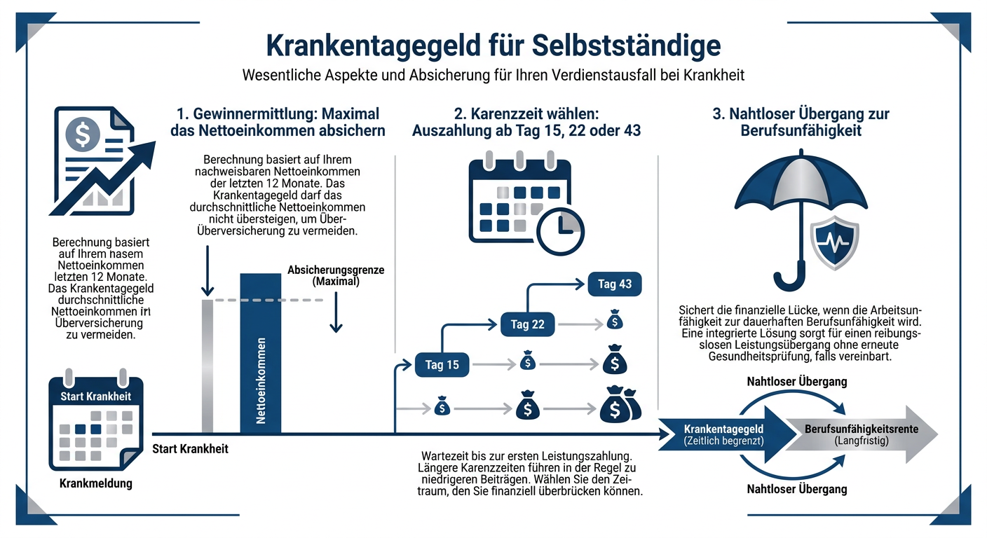 Infografik zur Bemessung und Staffelung des privaten Krankentagegelds für Selbstständige und Freiberufler.