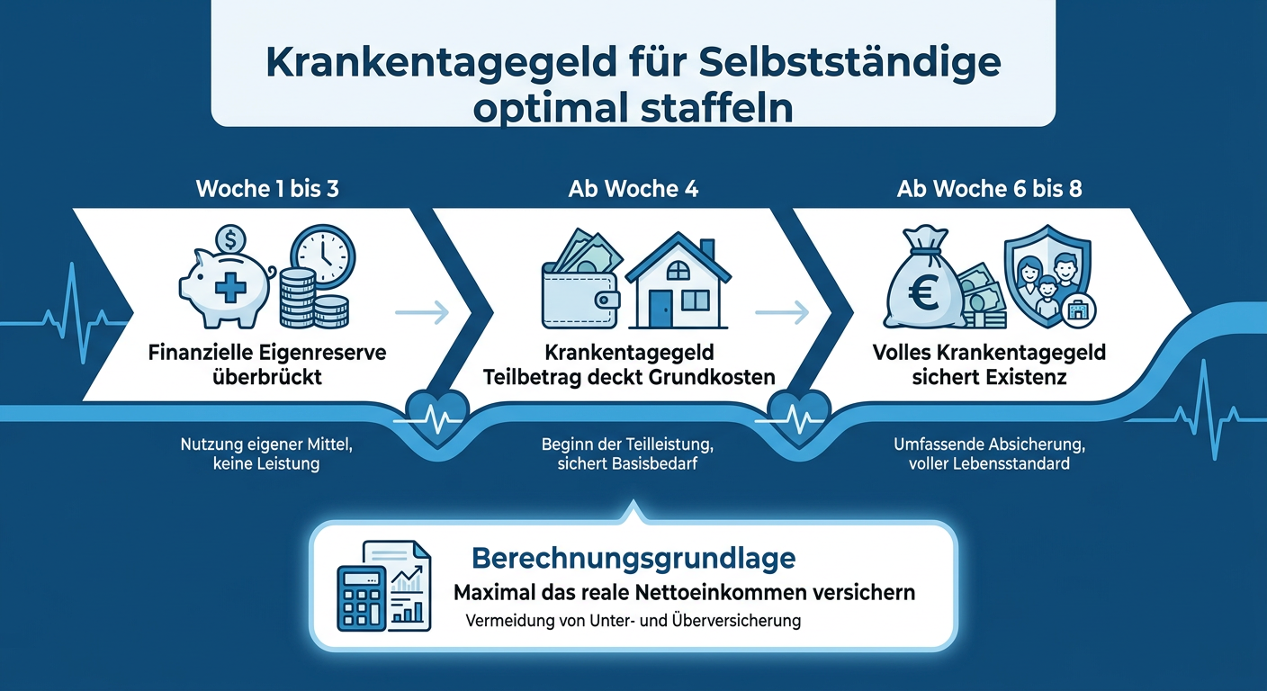 Infografik zur optimalen Strukturierung des PKV-Krankentagegeldes für Selbstständige mit Karenzzeiten und Bemessungsgrundlagen.